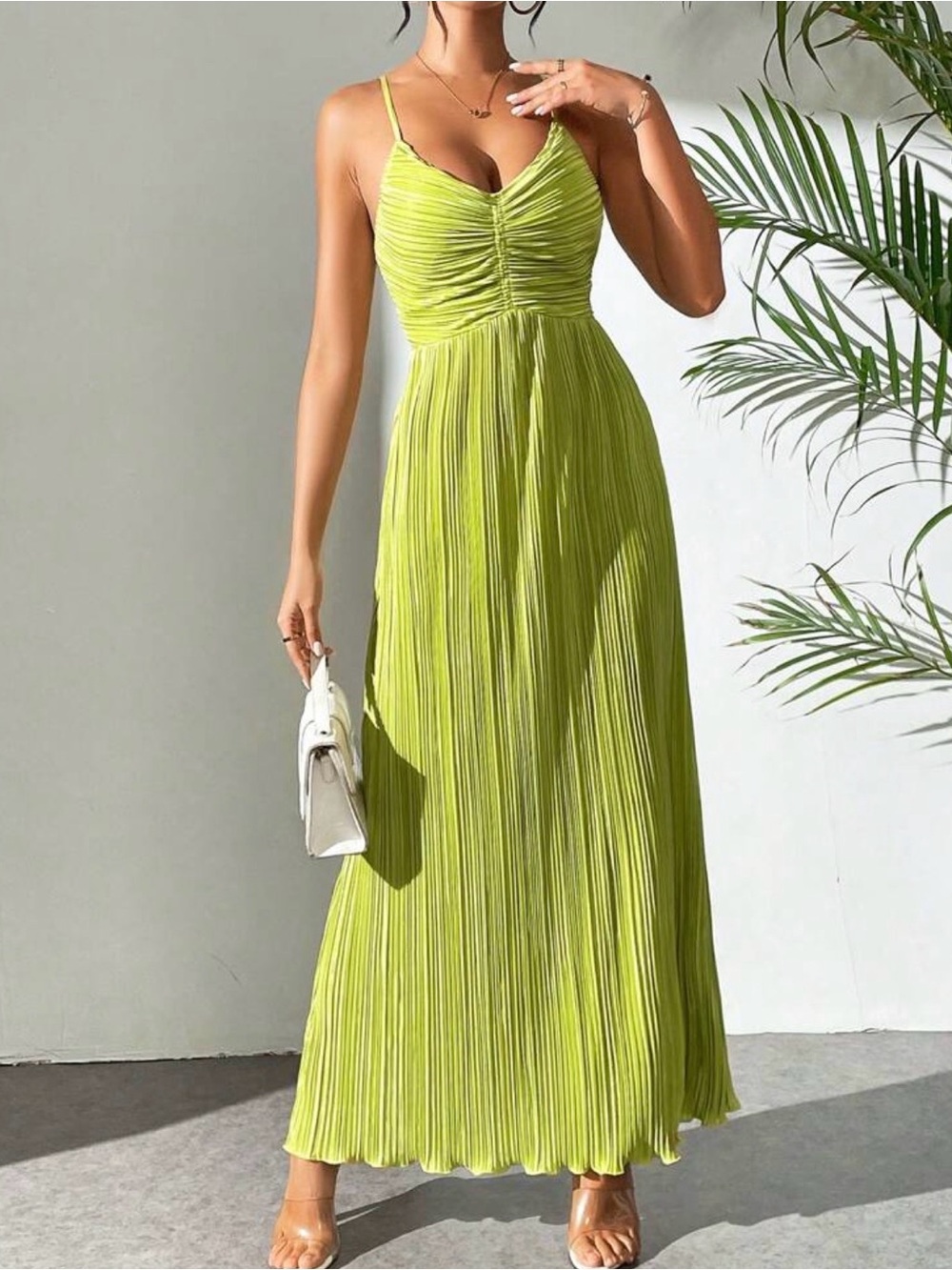 Lime Green Pleated Spaghetti-Strap Maxi Dress - Picture 1 of 5